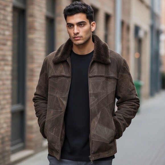 Leather Works Patchwork Genuine Leather Jacket Men’s XL Brown Shearling Trim Zip